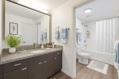 a bathroom with a sink and a toilet and a mirror at Marina Del Rey Getaway - Resort Amenities in Marina del Rey in Los Angeles