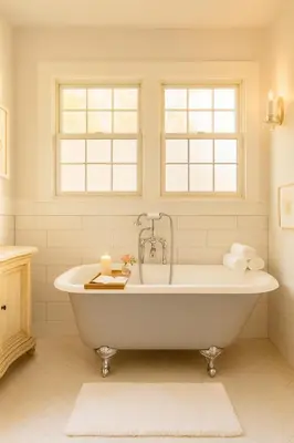 a white bath tub in a bathroom with two windows at Central Hollywood Homestay Getaway in Los Angeles