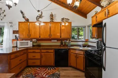a kitchen with wooden cabinets and a black refrigerator at Retro Retreat, BBQ, Patio with Outdoor Seating! in Lake Arrowhead