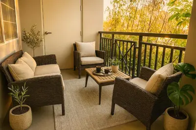a porch with two chairs and a table on a balcony at Marina del Rey 2BR with Pool, Hot Tub, and Gym in Los Angeles