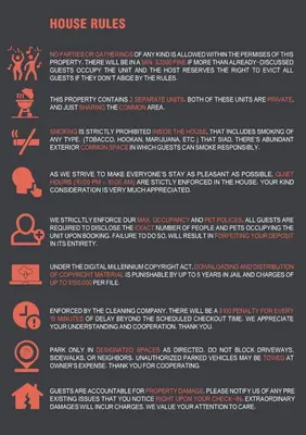 a poster with a list of house rules at Relaxing 2BR Escape in Trendy West LA - CM-CAL in Calabasas