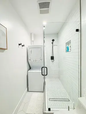a white bathroom with a shower and a sink at Relaxing 2BR Escape in Trendy West LA - CM-CAL in Calabasas