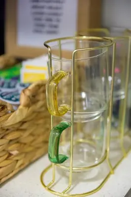 a glass vase with two handles on a table at Charming and Cozy 1 Bedroom 1 Bathroom Guest Suite in Silverlake in Los Angeles