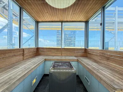 an empty sauna in a building with windows at Modern 2BR Loft with Luxury Amenities - 109 - GL in Glendale