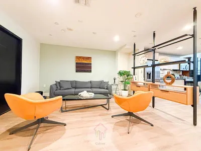 a living room with a couch and two chairs at Luxury Loft Living 1BR in Trendy Complex -113-GL in Glendale