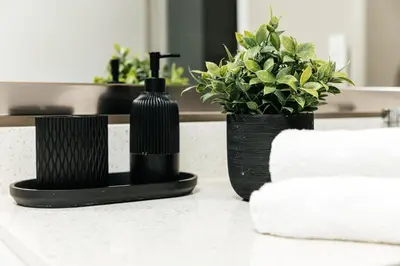 a bathroom counter with two black soap dispensers and a plant at Elegant 2BD WeHo Apartment in Los Angeles