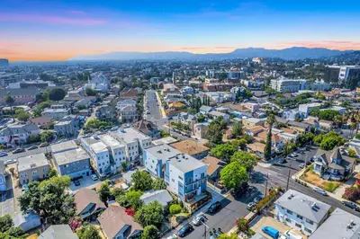 an aerial view of a city with buildings at Prestige 5BR Townhome Near LA Hot Spots in Los Angeles