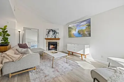 a living room with a couch and a fireplace at Modern Private 3B-2BA Home and Spacious Yard in Lancaster