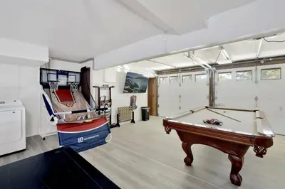 a room with a pool table and a bunk bed at Lakeview Pines Log Cabin - Custom Built Village Log Cabin Retreat w/ Hot Tub, Pool Table in Big Bear Lake