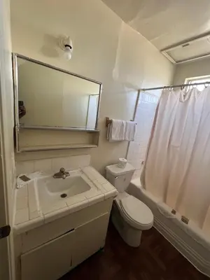 a bathroom with a sink and a toilet and a mirror at York Motel in Los Angeles