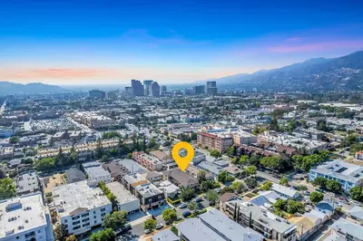 an aerial view of a city with a yellow circle at Central 3BR Apt Near Americana in Glendale