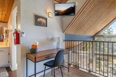 a home office with a desk and a balcony at The Great Escape Beach Access, Near Slopes, View in Lake Arrowhead