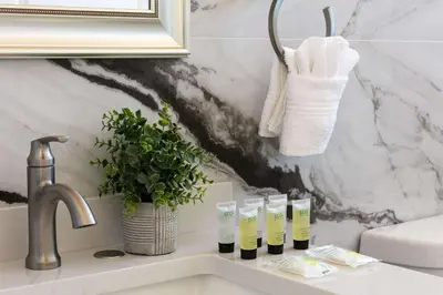 a bathroom sink with four bottles of cleaning products on it at Unwind in Spacious 2BR Apt Sleeps 6 with Parking in Glendale