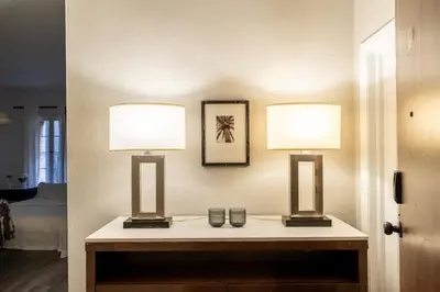 two lights on a table in a room at Cozy Studio in Hollywood in Los Angeles