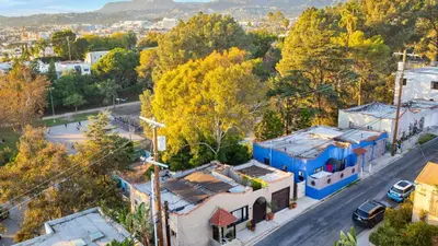 an aerial view of a city with a blue house at Spanish Revival Charm in Silver Lake w Patio BBQ Walkable Location Maltman Manor by AvantStay in Los Angeles
