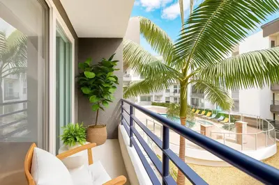 a balcony with a palm tree and chairs at 1BR Apartment in Marina del Rey - Near Venice Beach, Pool, Gym, Sauna, Hot Tub, EV Charging in Los Angeles