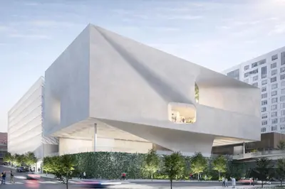 a rendering of a large white building with a sculptedescription at Modern 3BR Home Near USC, Museums & Coliseum in Los Angeles