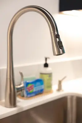 a kitchen sink with a chrome kitchen faucet at Pet-Friendly 2BR-2BA Near SoFi-Small Dogs Welcome in Los Angeles