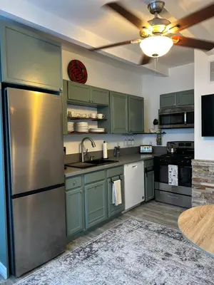 a kitchen with green cabinets and a stainless steel refrigerator at San Pedro Delight in San Pedro Peninsula Hospital Heliport