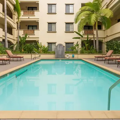 a large swimming pool in front of a building at Holiday in LA- Koreatown Retreat with Free Parking, Pool and Sauna in Los Angeles