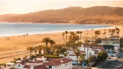 a view of a beach with palm trees and houses at Charming Modern apartment in Santa Monica in Los Angeles