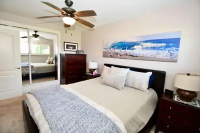 a bedroom with a bed and a ceiling fan at Rancho Palos Verdes View Home in Rancho Palos Verdes