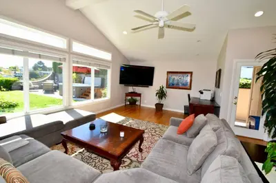 a living room with a couch and a tv at Rancho Palos Verdes View Home in Rancho Palos Verdes