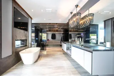a large bathroom with a tub and a sink at Beverly Hills Luxurious 4BR Villa with Pool and Views in Los Angeles