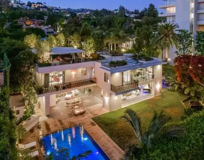 an aerial view of a house with a swimming pool at Royalty Villa in Beverly Hills in Los Angeles