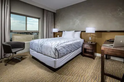 a bedroom with a bed and a desk and a laptop at Hotel Aventura in Los Angeles
