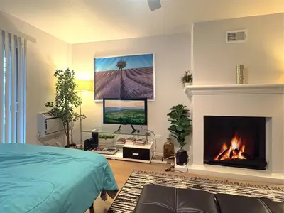 a bedroom with a fireplace and a bed and a tv at Great 2 Bedroom and 2 Bathroom Apartment in Marina in Los Angeles
