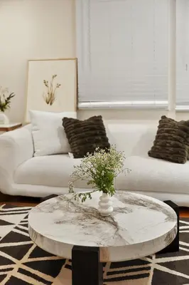 a living room with a white couch and a coffee table at Stylish LAX Area 2BR 1BA by LMU, SoFi Stadium & Coastal Beaches in Los Angeles