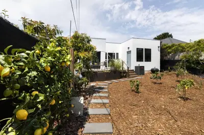 a house with an orange tree in the yard at Brooks Beach House Your Venice Escape in Los Angeles