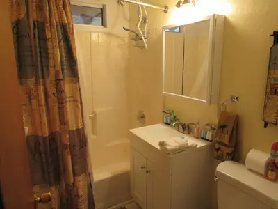 a bathroom with a sink and a shower at M & M Sweet Retreat in Big Bear Lake