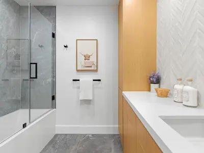 a bathroom with a shower and a white counter top at Villa Costera in Malibu Beach