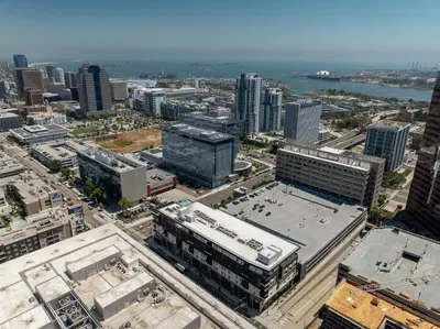 an aerial view of a city with tall buildings at Stylish Condo Mins to Shoreline in Long Beach