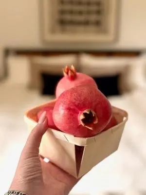 a person holding a pomegranate in a paper cone at Hillside Haven - Boutique Spanish Escape in Ojai