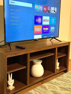 a television on a wooden entertainment center with a vase at Downtown LA Urban Escape in Los Angeles