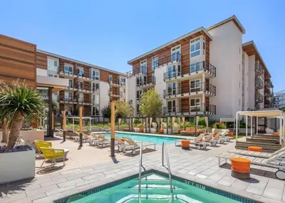 an image of a swimming pool at a apartment complex at Amethyst Sky Loft - Elevated Two-Story Waterfront in Los Angeles