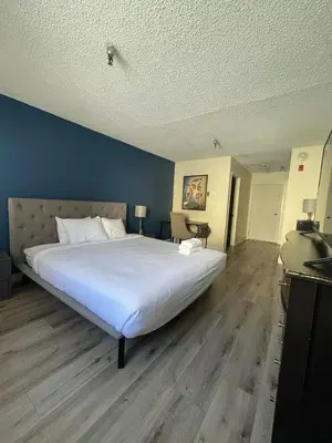 a bedroom with a large bed with a blue wall at Modern Apart in Beverly Hills in Los Angeles