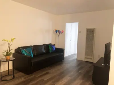 a living room with a black couch and a television at Modern 1 Bedroom Hollywood Apartment Near Larchmont Village Walk of Fame and Studios in Los Angeles