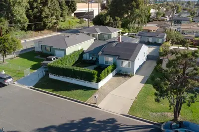 an aerial view of a house in a residential neighborhood at Elegant 3 Bedroom 2 Bathroom With EV Charging Near Santa Anita in Duarte