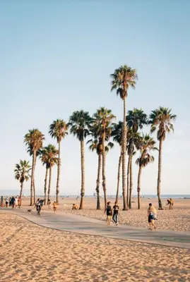 a group of people walking on a beach with palm trees at Coastal Luxe | Walk to Pier + Free Parking in Los Angeles