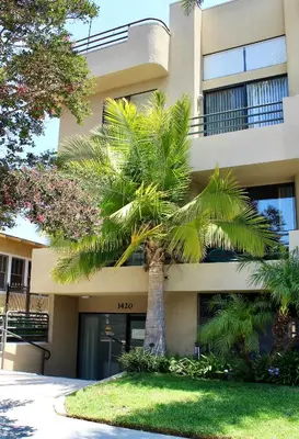 a palm tree in front of a building at Designer Light-Filled WeHo Condo in Los Angeles