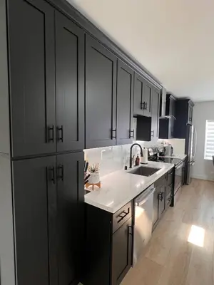 a kitchen with black cabinets and a sink at Newly Built Private Guest House in Glendale