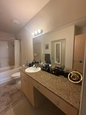 a bathroom with a sink and a toilet and a mirror at Aqua Towers in Long Beach