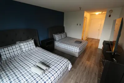 a room with two beds and a television in it at Private Apt with Queen bed in great neighborhood in Los Angeles