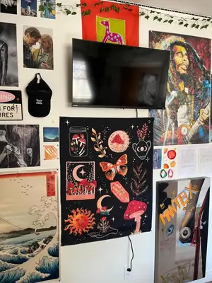 a refrigerator covered in stickers and posters on a wall at Cozy Artistic Teen Room, Fun & Full of Personality in Bodfish