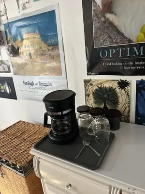 a coffee maker sitting on top of a dresser at Cozy Artistic Teen Room, Fun & Full of Personality in Bodfish