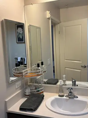 a bathroom with a sink and a mirror at Luxurious precious mile in Los Angeles